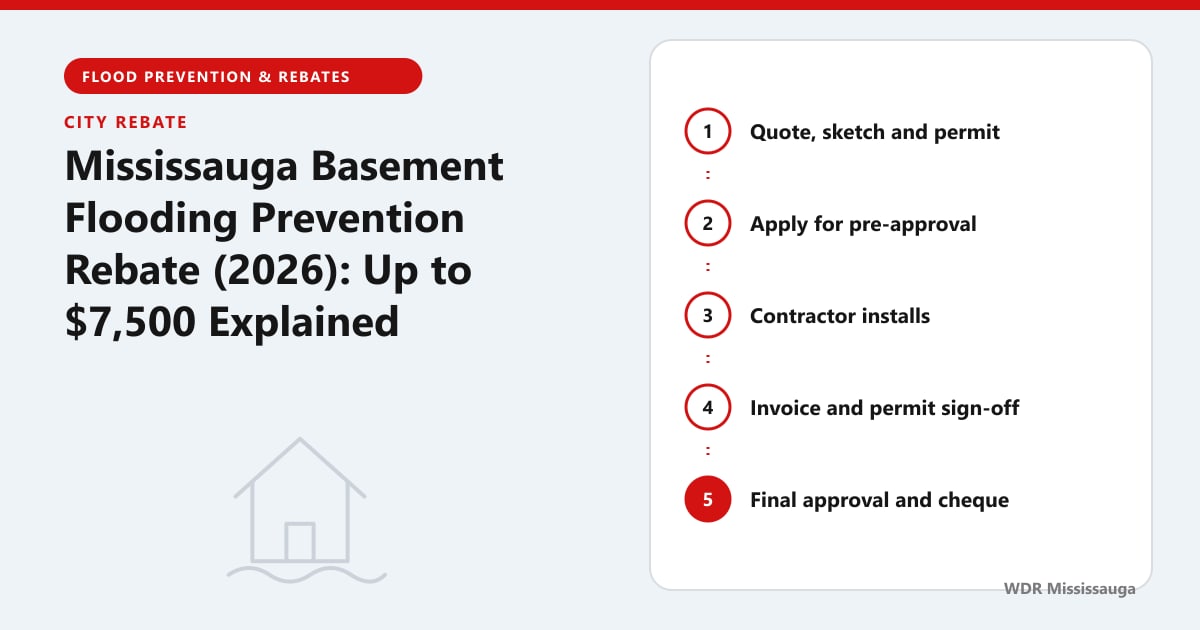 Flow diagram of the Mississauga basement flooding prevention rebate from quote to pre-approval, install and final approval