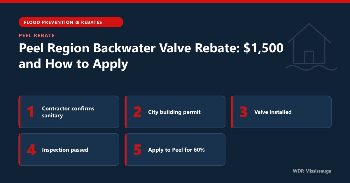 Diagram of the Peel Region backwater valve rebate showing a sanitary lateral valve and the permit to rebate sequence