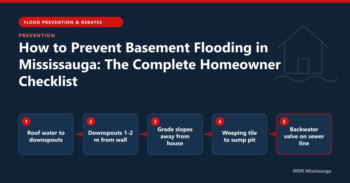 Diagram of how to prevent basement flooding, showing roof water, grading, sump pit and backwater valve paths