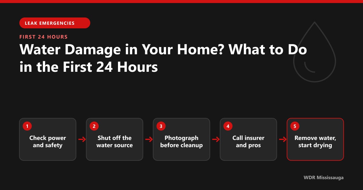 Diagram of what to do after water damage in house, from power safety to shut-off, photos and drying
