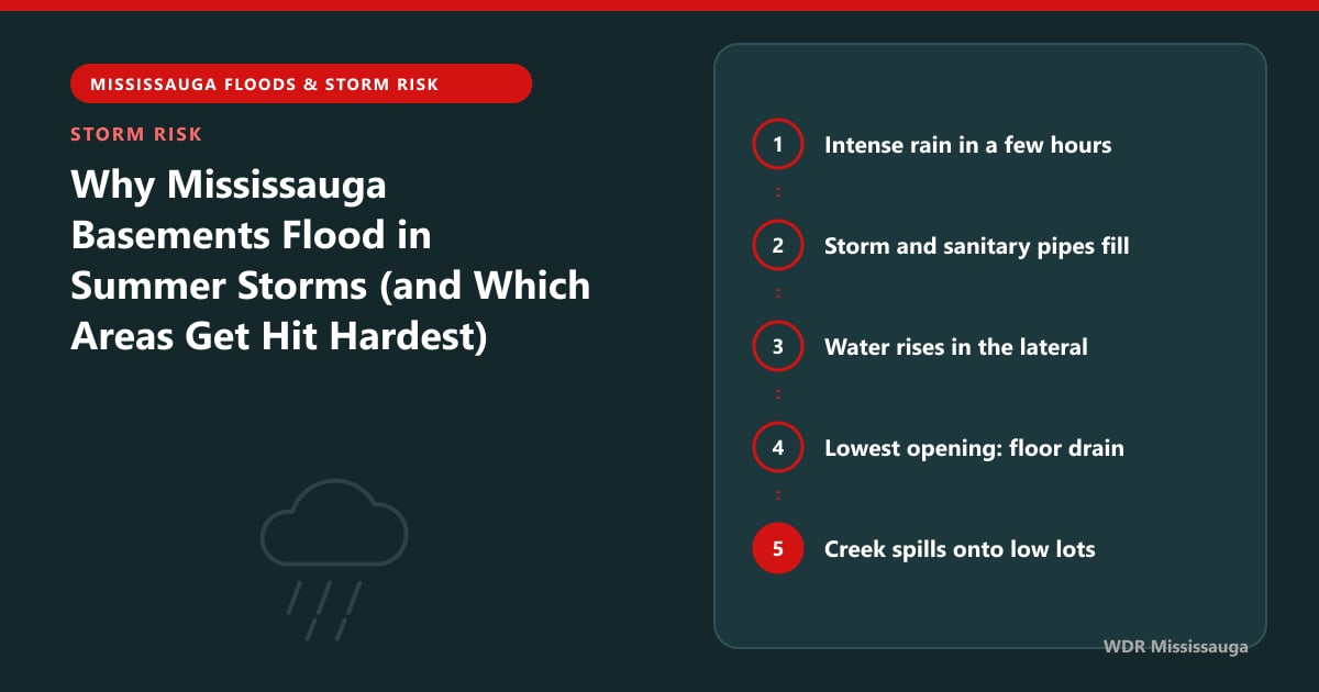 Diagram of Mississauga flooding paths in a summer storm, from street sewer surcharge to a basement floor drain
